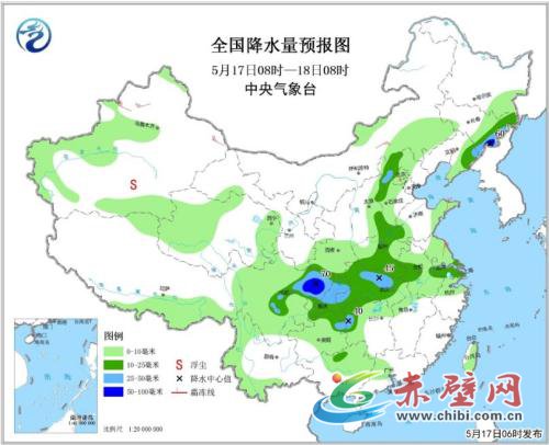 全国降水量预报图(5月17日08时-18日08时) 全国降水量预报图(5月17日08时-18日08时)