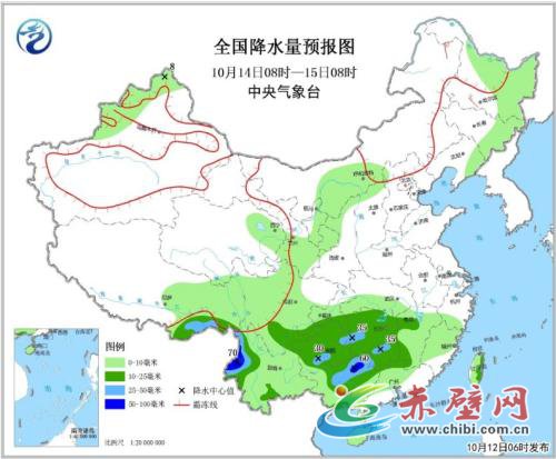 图3 全国降水量预报图(10月14日08时-15日08时) 图3 全国降水量预报图(10月14日08时-15日08时)